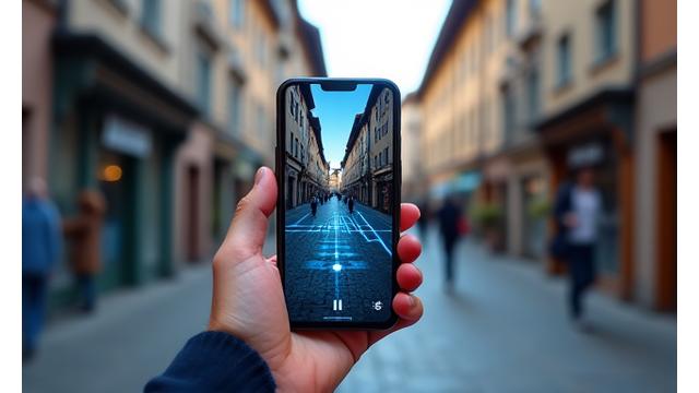 Person hält Smartphone mit AR-App, die digitale Klänge in der realen Umgebung projiziert