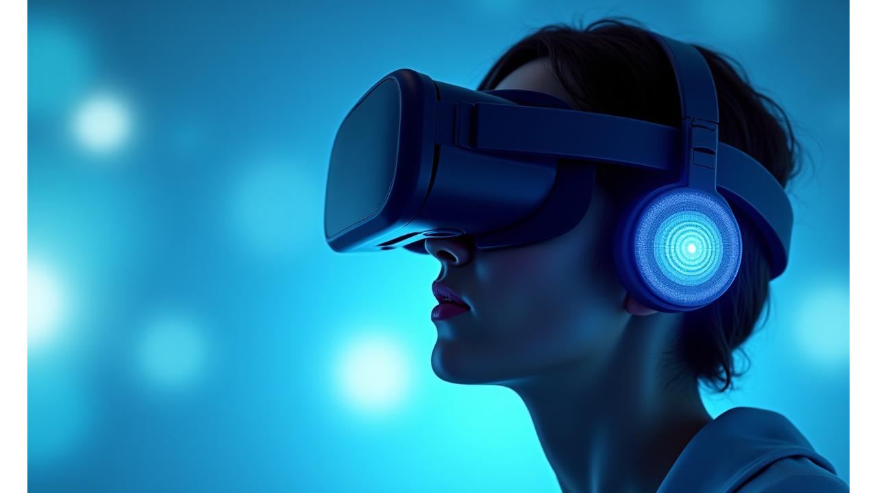 Person trägt futuristisches VR-Headset mit visuellen Schallwellen, die aus Kopfhörern strömen