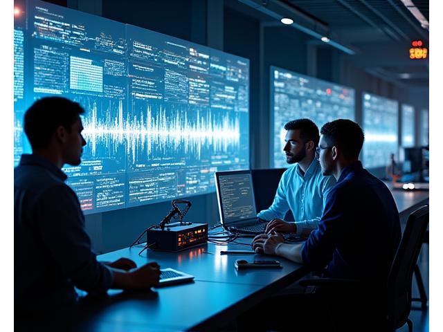 Moderne Laboreinrichtung mit Audio-Technikern, die an futuristischen Soundgeräten arbeiten