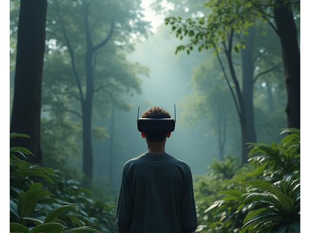 Person mit VR-Headset mitten in einem digitalen Wald, mit visuellen Anzeigern für gerichteten Klang