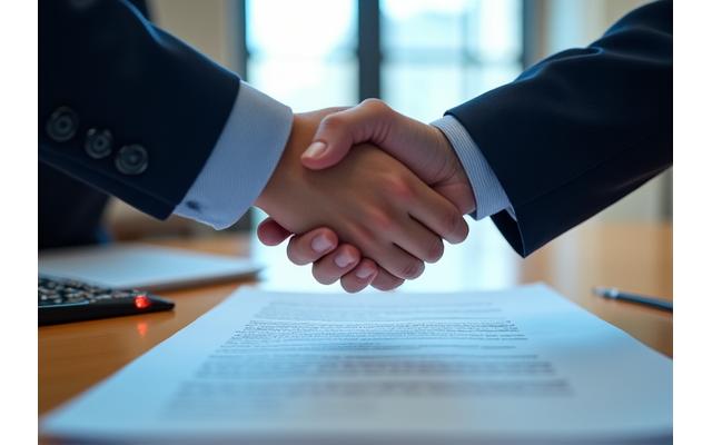 Handschlag über Vertragsdokumenten, symbolisiert faire Zusammenarbeit.