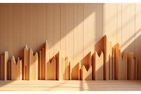 Skyline-Diffusoren und quadratische Diffusoren aus Holz an einer Studiovand, kunstvoll angeordnet.