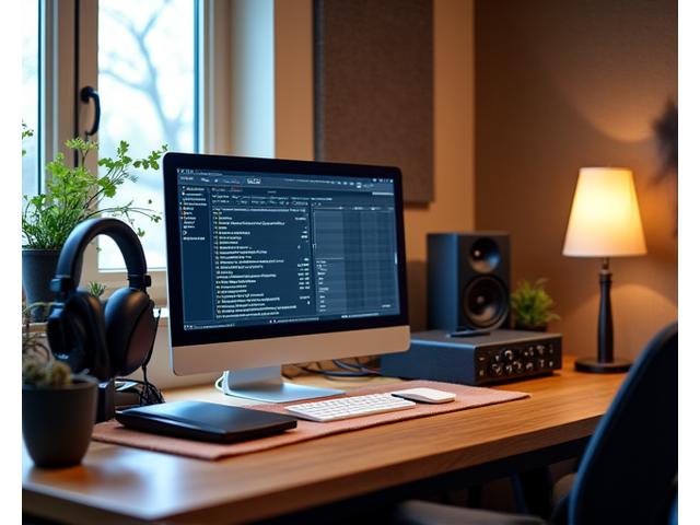 Gemütliches Home-Studio mit optimierter Akustik, zeigt Bassfallen und Diffusoren, die sich gut in eine Wohnumgebung einfügen.