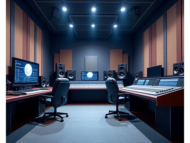 Professioneller Tonstudio-Kontrollraum mit akustischen Behandlungen an Wänden und Decken, hochmodernes Mischpult und Monitore.