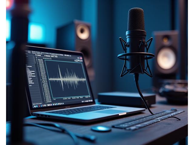 Professionelles Akustik-Messgerät in einem Tonstudio, das den Frequenzgang des Raumes analysiert, mit Laptop und Software-Anzeige.