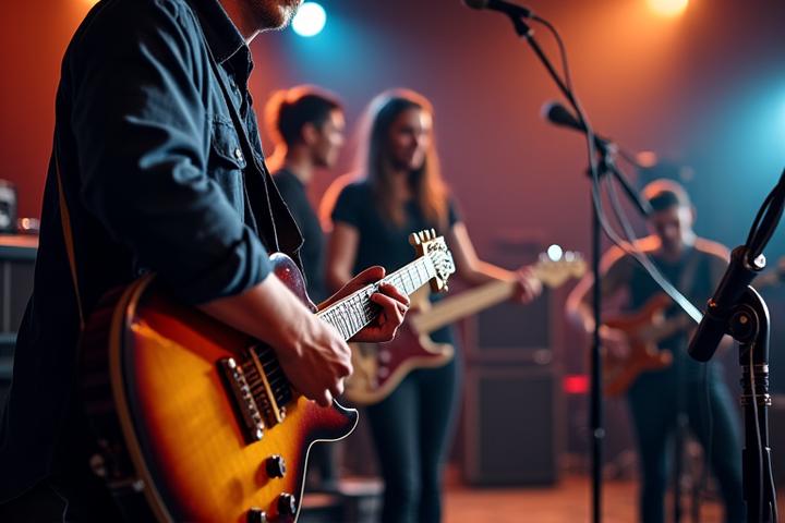 Musiker einer Band nimmt Gitarre in einem Tonstudio auf.