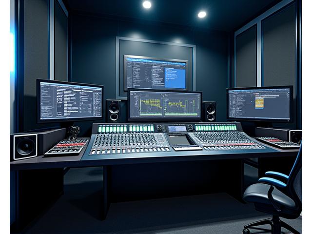 Kontrollraum eines Tonstudios mit Mischpult, Computerbildschirmen und professionellen Studiomonitoren.
