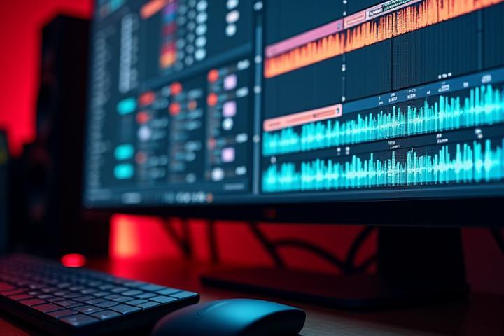 Bildschirm einer Digital Audio Workstation mit geöffneter Software, die Audiospuren und Effekte anzeigt.