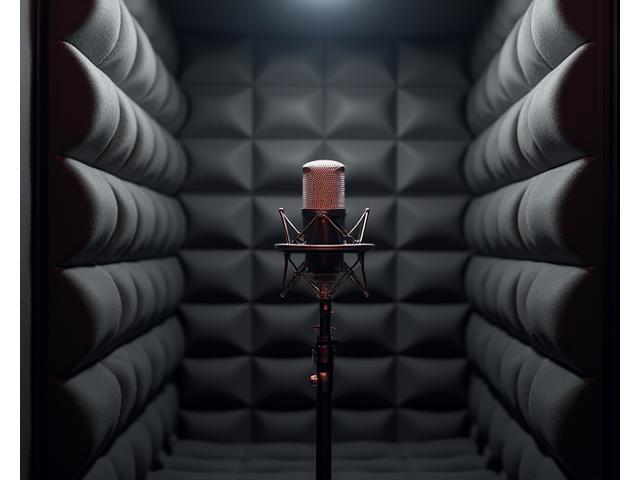 Gemütliche Vocal Booth mit schallabsorbierenden Paneelen und einem hochwertigen Gesangsmikrofon auf Ständer.