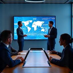 Team von Mitarbeitern, die an einem Schulungstisch sitzen und über Datensicherheit sprechen