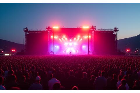 Ein grosses Open-Air-Musikfestival mit Tausenden von Besuchern und einer grossen Bühne mit Line-Arrays.
