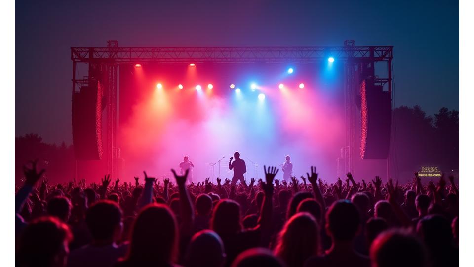 Ein Live-Konzert mit einer Band auf der Bühne und einer grossen Menschenmenge davor, perfekt beleuchtet.