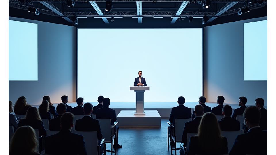 Professionelles Konferenz-Setup mit Redner auf der Bühne und klarem Audio-Equipment im Vordergrund.