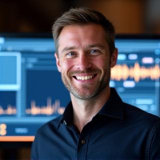 Porträt eines lächelnden, erfahrenen Lead-Audio-Engineers bei der Arbeit mit einem Mischpult.