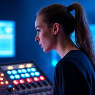 Porträt einer engagierten Monitor-Ingenieurin, die auf die Bedürfnisse eines Musikers eingeht.