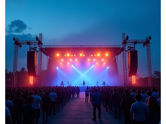 Moderne Line-Array PA-Systeme auf einer Konzertbühne, bereit für den Live-Sound.