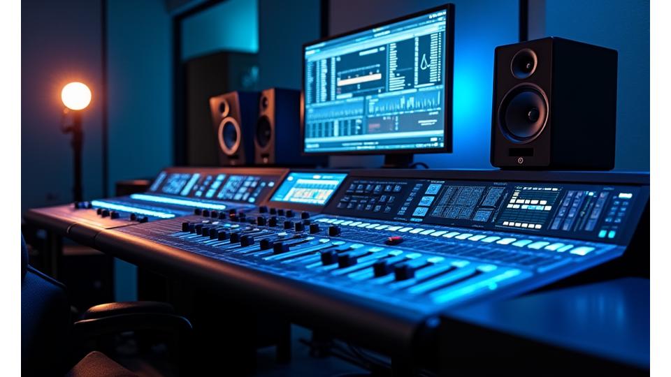Interaktive Mischkonsole mit verschiedenen Fader- und Knopfanzeigen, die den Mixing-Workflow visualisieren.