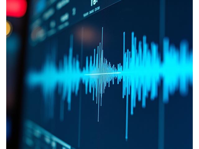 Nahaufnahme einer Audio-Waveform auf einem professionellen Bearbeitungsprogramm, symbolisiert Editing und Post-Produktion