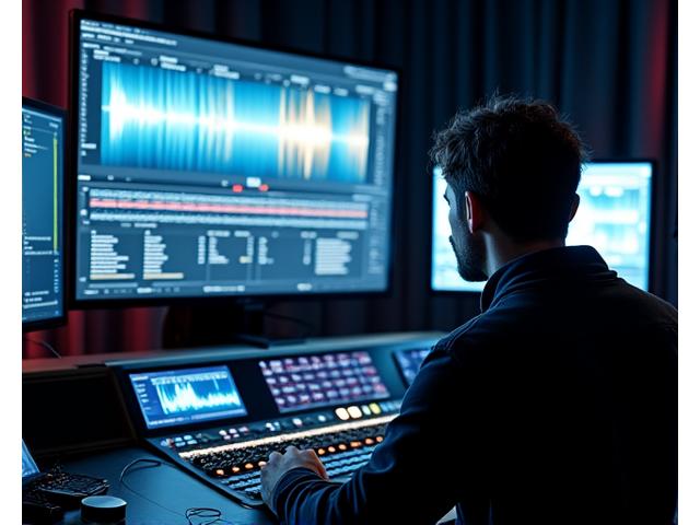 Film-Sounddesign Studio Szene mit Großbildschirm und Mischpult