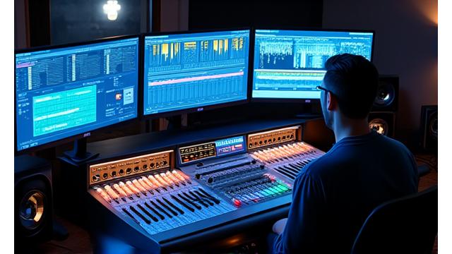 Sound-Ingenieur beim Mixing am Mischpult mit mehreren Monitoren