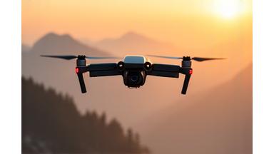 Eine professionelle Drohne mit montierter Kamera über einer malerischen Landschaft fliegt
