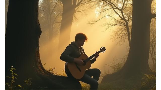 Künstler mit Akustikgitarre in einem mystischen Wald, umgeben von Nebel und sanftem Licht