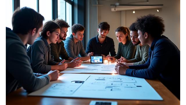 Team von Videoproduzenten bespricht kreatives Konzept mit Storyboards und Skizzen